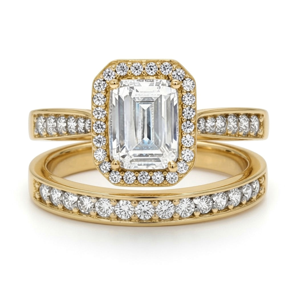 9ct Gold  Emerald CZ Wedfit Halo Eternity Travel Bridal Rings Set - JRN607+609