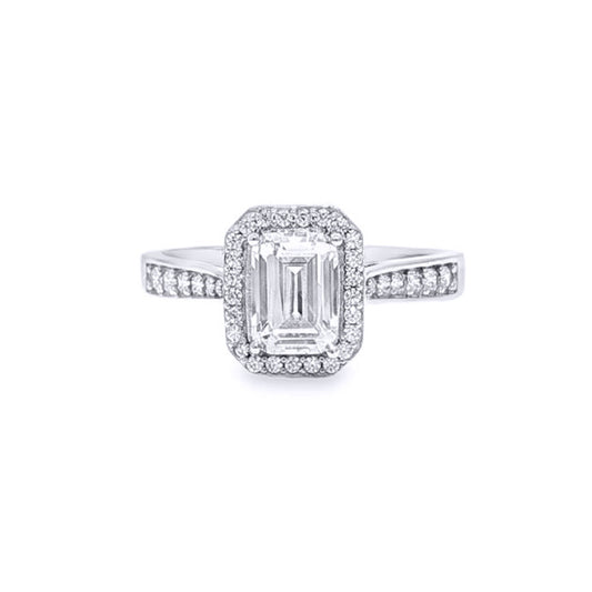 9ct White Gold  Emerald CZ Halo Travel Proposal Ring 1.00CT - JRN608