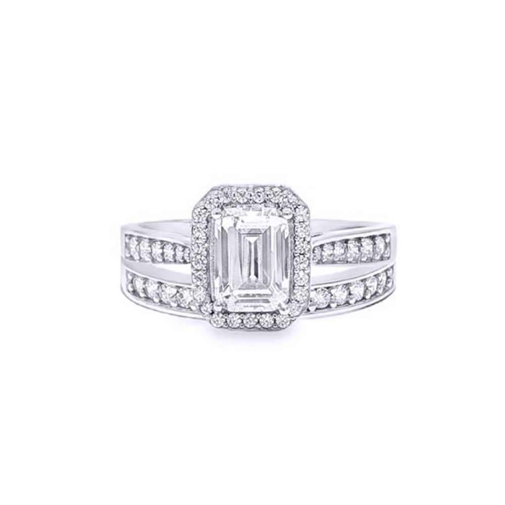9ct White Gold  Emerald CZ Halo Eternity Travel Bridal Rings Set - JRN608+610