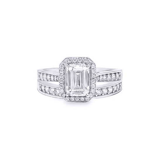 9ct White Gold  Emerald CZ Halo Eternity Travel Bridal Rings Set - JRN608+610