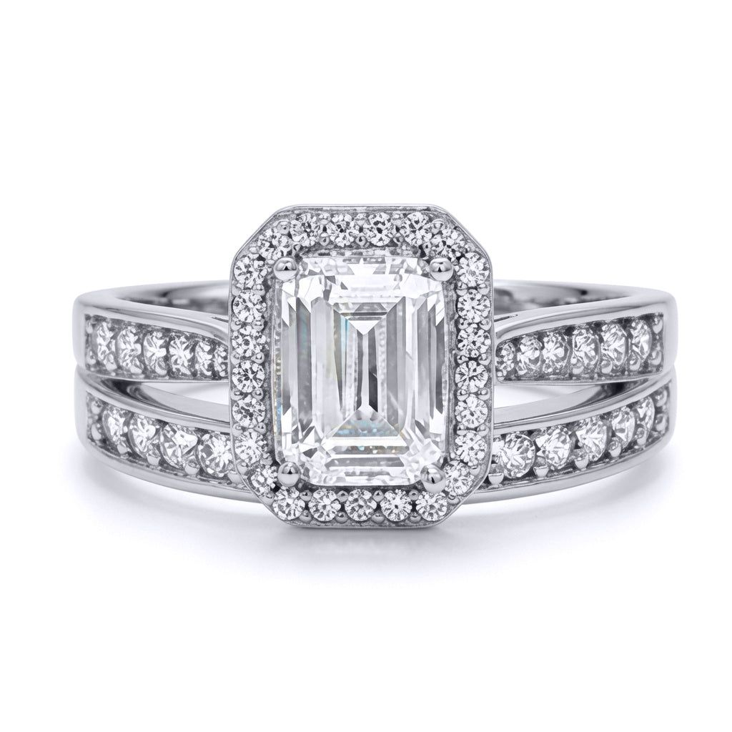 9ct White Gold  Emerald CZ Halo Eternity Travel Bridal Rings Set - JRN608+610