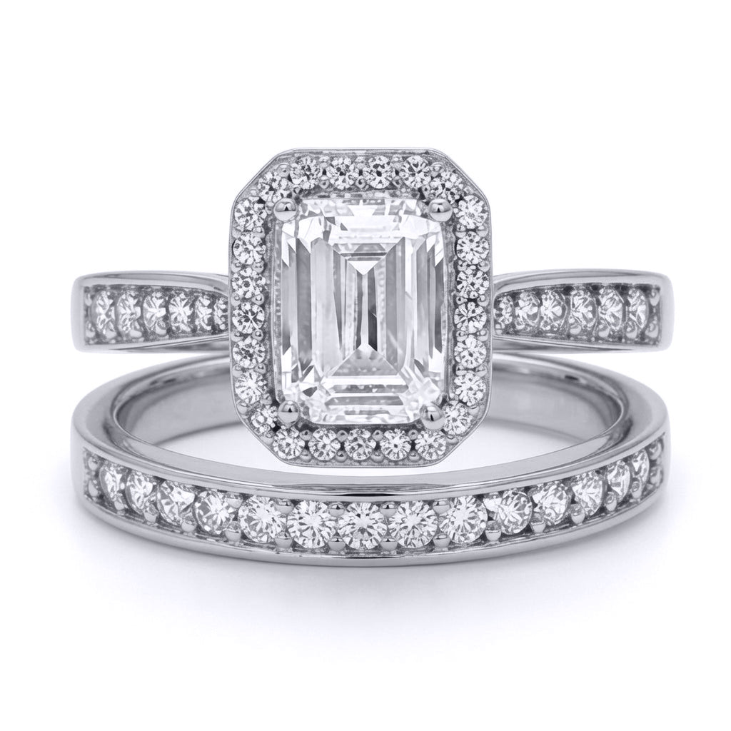 9ct White Gold  Emerald CZ Halo Eternity Travel Bridal Rings Set - JRN608+610