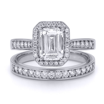 9ct White Gold  Emerald CZ Halo Eternity Travel Bridal Rings Set - JRN608+610