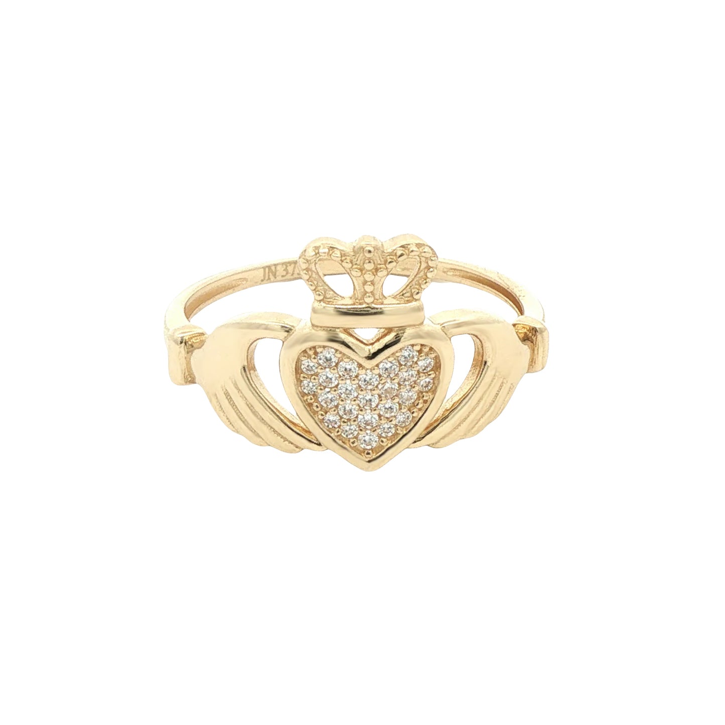 9ct Gold  CZ Hands Holding Crowned Heart Claddagh Ring - JRN612