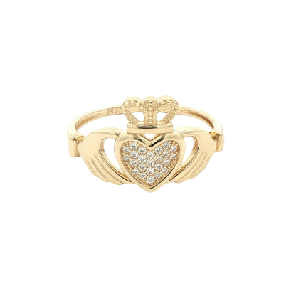 9ct Gold  CZ Hands Holding Crowned Heart Claddagh Ring - JRN612