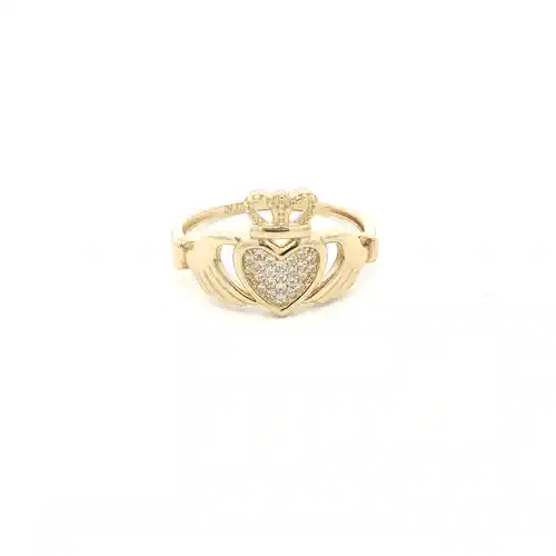 9ct Gold  CZ Hands Holding Crowned Heart Claddagh Ring - JRN612