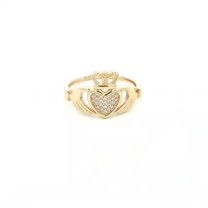 9ct Gold  CZ Hands Holding Crowned Heart Claddagh Ring - JRN612