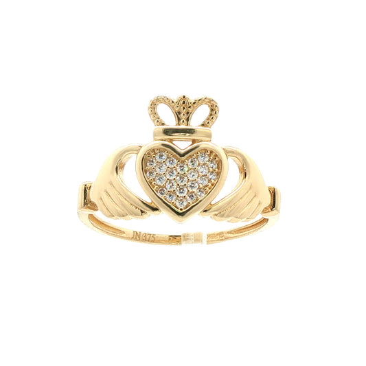 9ct Gold  CZ Hands Holding Crowned Heart Claddagh Ring - JRN612