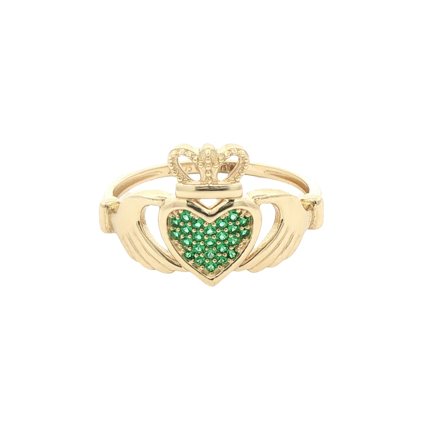 9ct Gold  Green CZ Hands Holding Crowned Heart Claddagh Ring - JRN613