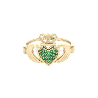 9ct Gold  Green CZ Hands Holding Crowned Heart Claddagh Ring - JRN613