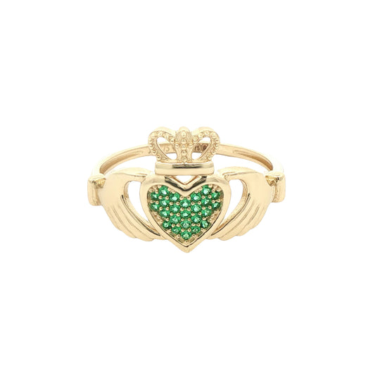 9ct Gold  Green CZ Hands Holding Crowned Heart Claddagh Ring - JRN613