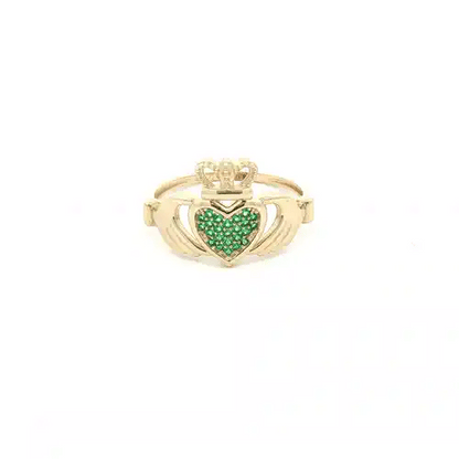 9ct Gold  Green CZ Hands Holding Crowned Heart Claddagh Ring - JRN613