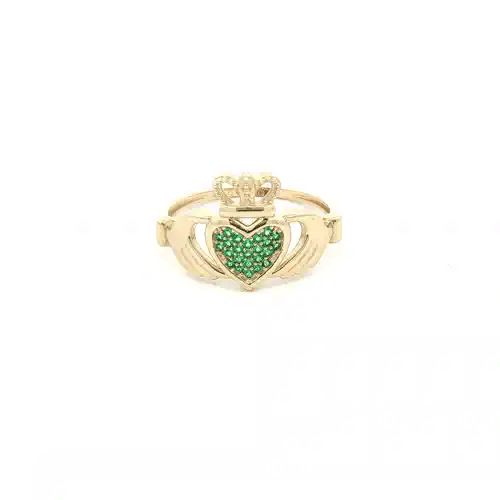 9ct Gold  Green CZ Hands Holding Crowned Heart Claddagh Ring - JRN613