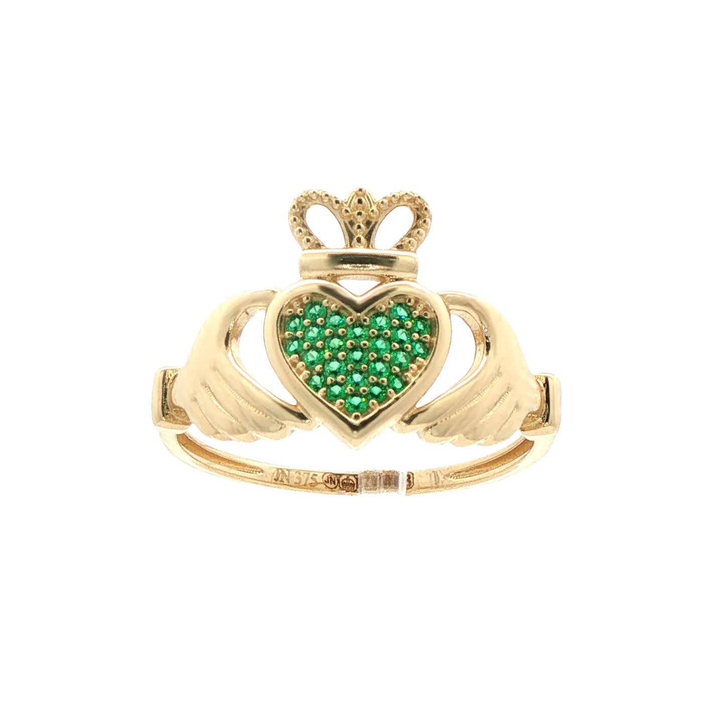 9ct Gold  Green CZ Hands Holding Crowned Heart Claddagh Ring - JRN613