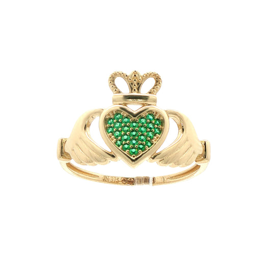 9ct Gold  Green CZ Hands Holding Crowned Heart Claddagh Ring - JRN613