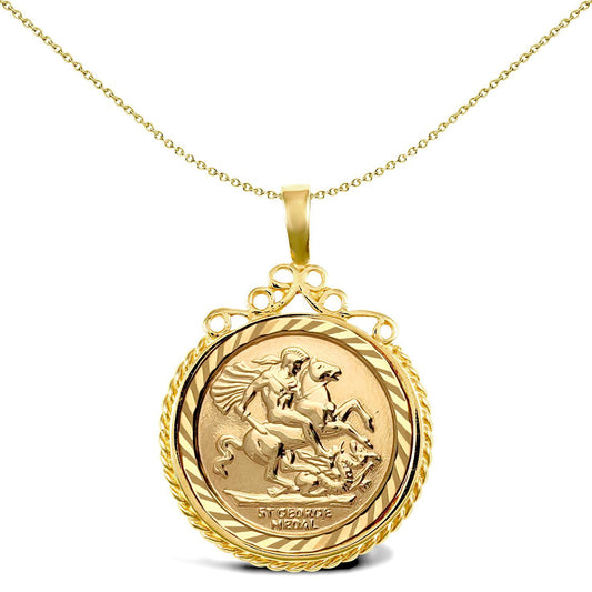 9ct Gold Rope Edge Scroll Top St George Pendant (Full Sov Size) - JSP002-F