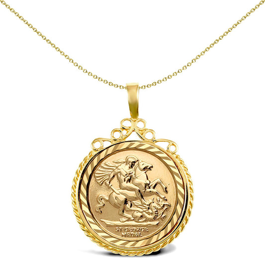 9ct Gold  Rope Edge Scroll Top St George Pendant (Full Sov Size) - JSP002-F