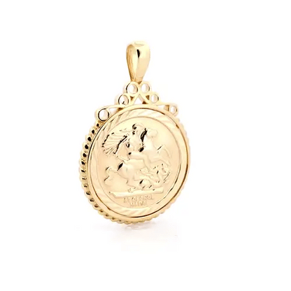 9ct Gold  Rope Edge Scroll Top St George Pendant (Half Sov Size) - JSP002-H