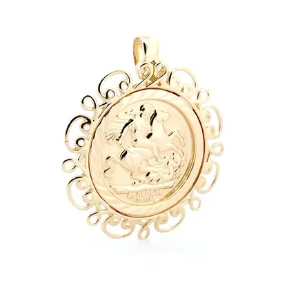 9ct Gold  Scroll Frame St George Pendant (Full Sov Size) - JSP003-F