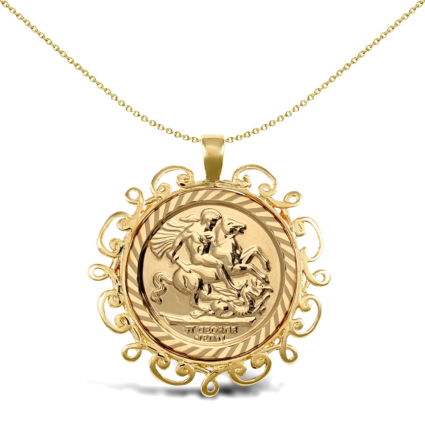 9ct Gold  Scroll Frame St George Pendant (Half Sov Size) - JSP003-H