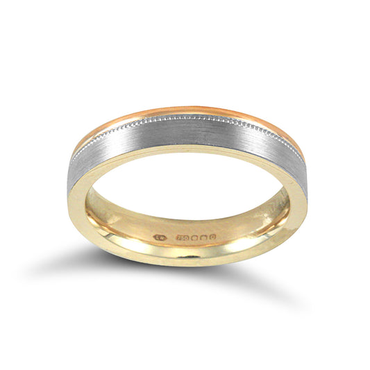 18ct White Rose Gold  Brushed Beaded Flat Court Wedding Ring - 4mm - JWR136-18-4