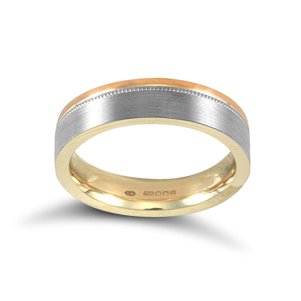 18ct White Rose Gold  Brushed Beaded Flat Court Wedding Ring - 5mm - JWR136-18-5