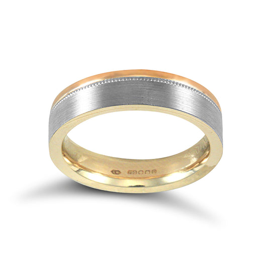 18ct White Rose Gold  Brushed Beaded Flat Court Wedding Ring - 5mm - JWR136-18-5