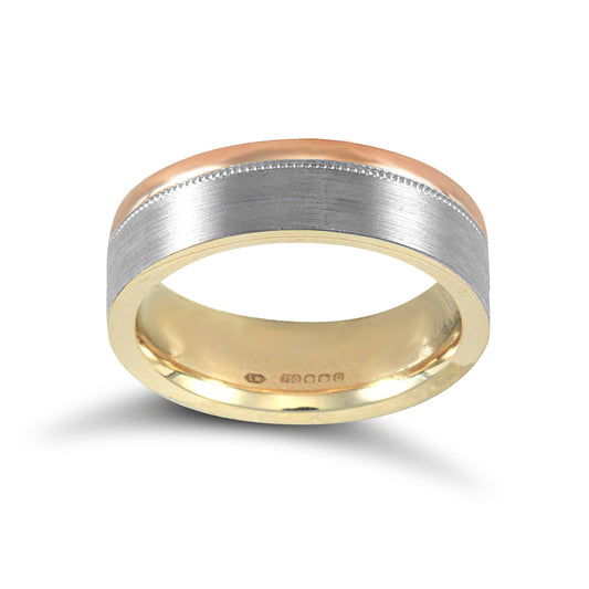 18ct White Rose Gold  Brushed Beaded Flat Court Wedding Ring - 6mm - JWR136-18-6