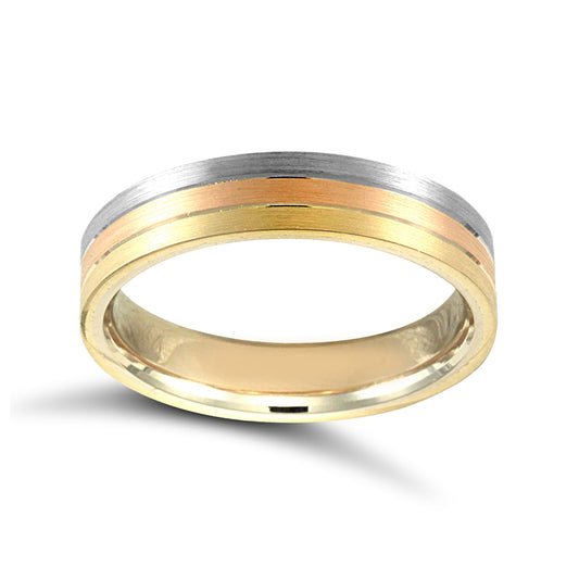18ct Three Colour Gold  Brushed Flat Court Wedding Ring - 5mm - JWR137-18-5