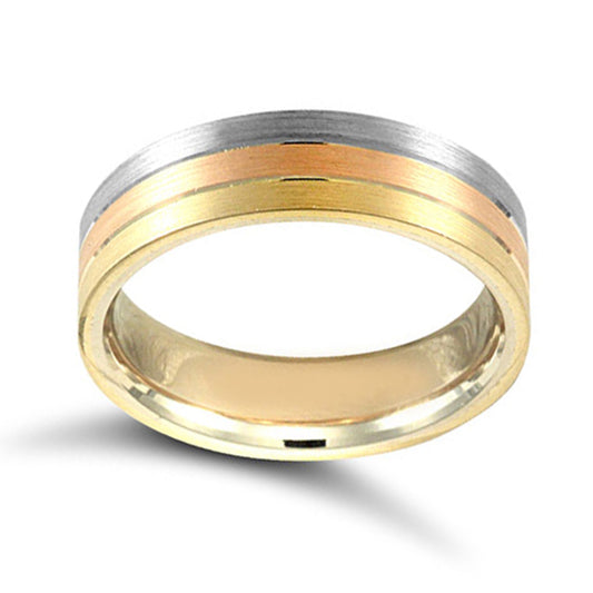 18ct Three Colour Gold  Brushed Flat Court Wedding Ring - 6mm - JWR137-18-6