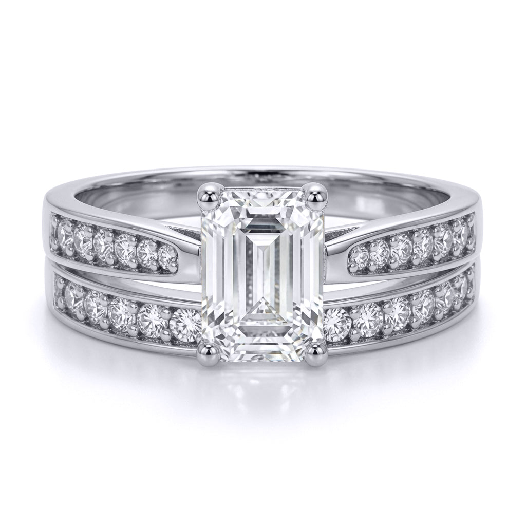 9ct White Gold  Emerald Lab Created Diamond Travel Bridal Rings - LABJRN602+610