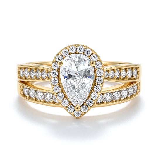 9ct Gold  Pear Lab Created Diamond Halo Travel Bridal Rings - LABJRN605+609