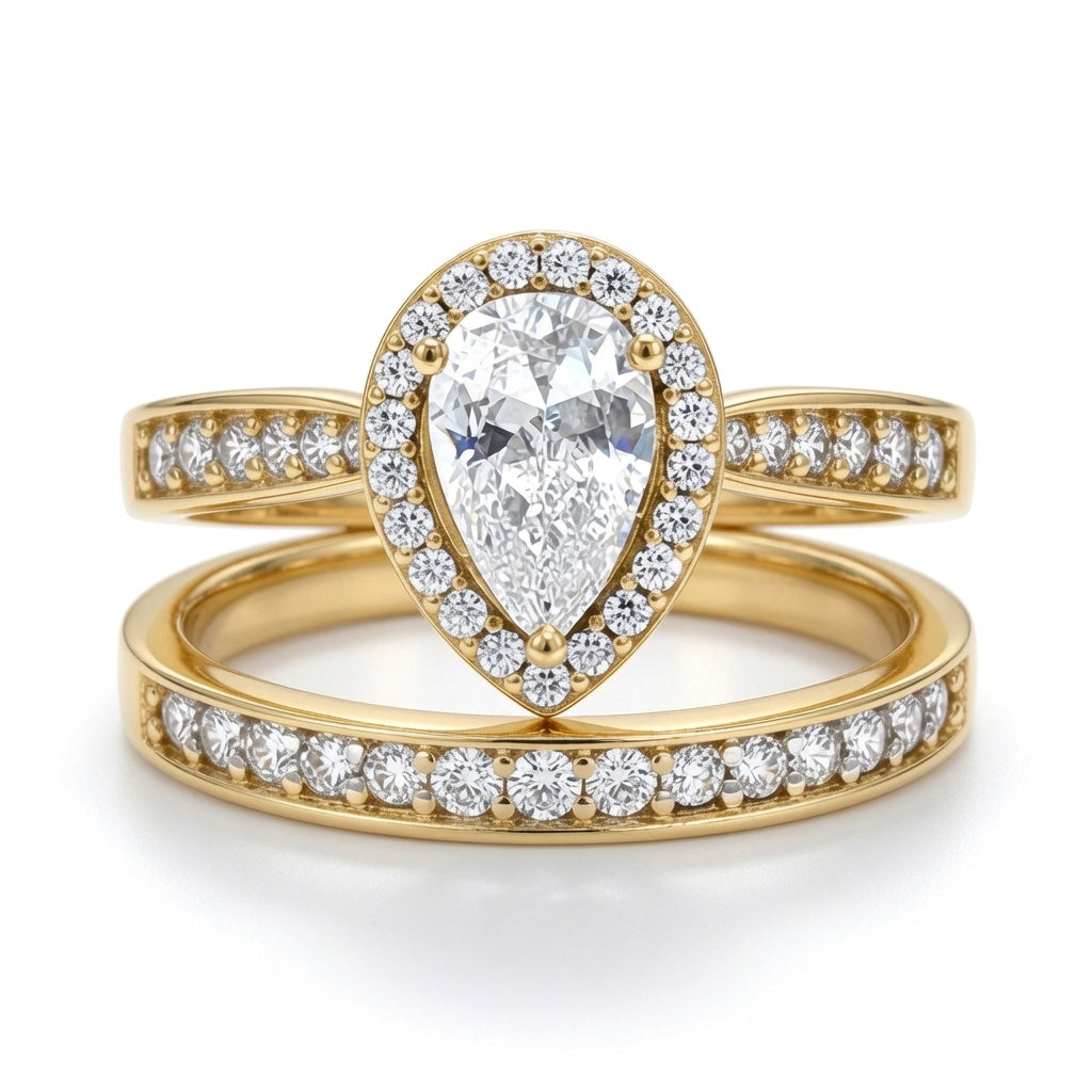 9ct Gold  Pear Lab Created Diamond Halo Travel Bridal Rings - LABJRN605+609