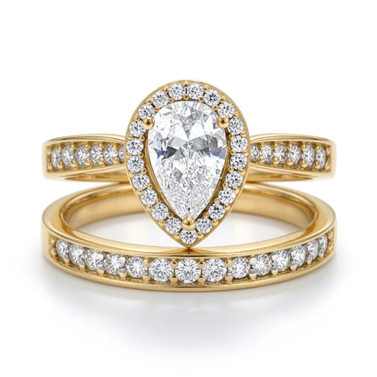 9ct Gold  Pear Lab Created Diamond Halo Travel Bridal Rings - LABJRN605+609