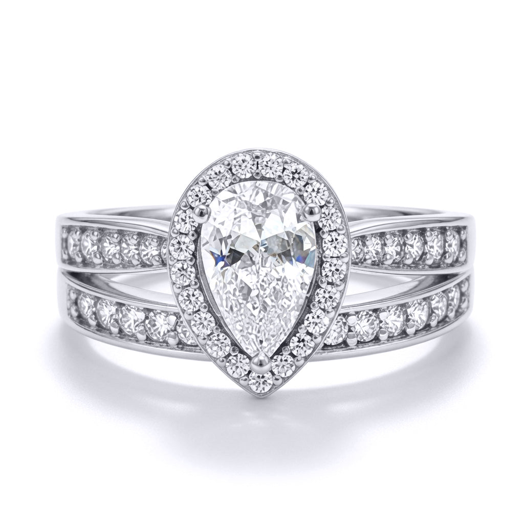 9ct White Gold  Pear Lab Created Diamond Halo Travel Bridal Rings - LABJRN606+610