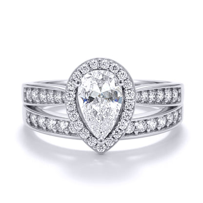 9ct White Gold  Pear Lab Created Diamond Halo Travel Bridal Rings - LABJRN606+610