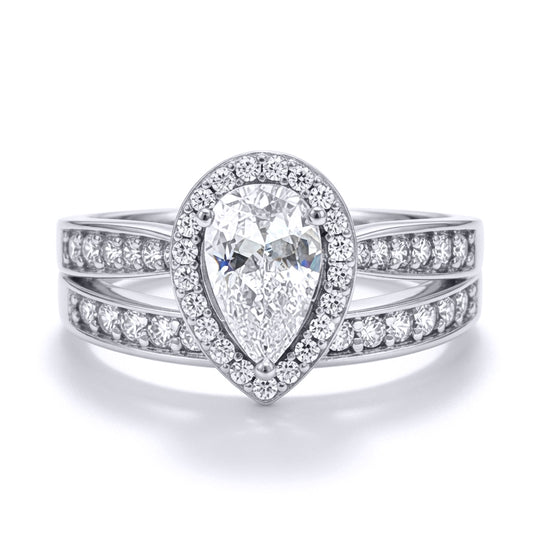 9ct White Gold  Pear Lab Created Diamond Halo Travel Bridal Rings - LABJRN606+610