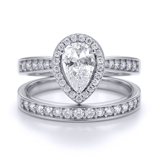 9ct White Gold  Pear Lab Created Diamond Halo Travel Bridal Rings - LABJRN606+610