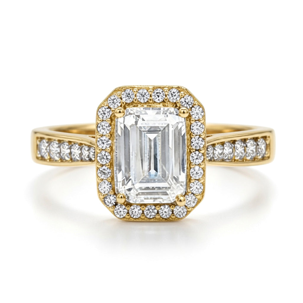 9ct Gold  Emerald Cut Lab Created Diamond Halo Travel Ring 1.00CT - LABJRN607