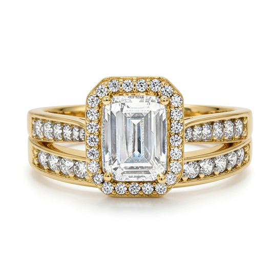 9ct Gold  Emerald Lab Created Diamond Halo Travel Bridal Rings - LABJRN607+609