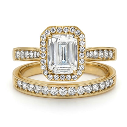 9ct Gold  Emerald Lab Created Diamond Halo Travel Bridal Rings - LABJRN607+609