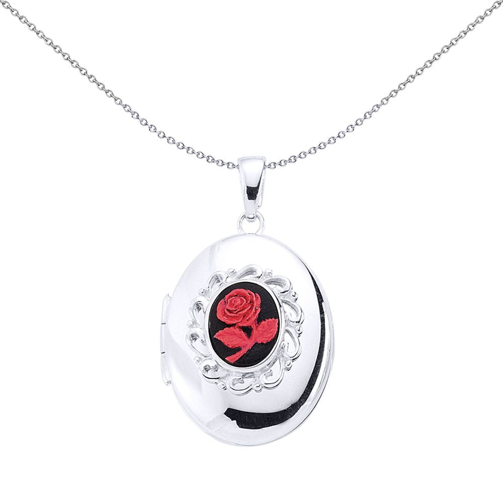 Sterling Silver  Red & Black Enamel Rose Locket Pendant - LK16