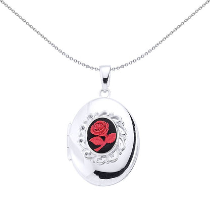 Sterling Silver  Red & Black Enamel Rose Locket Pendant - LK16