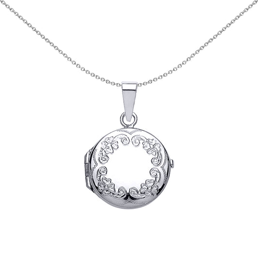Silver  Round Floral Locket Necklace 18 inch - LK25