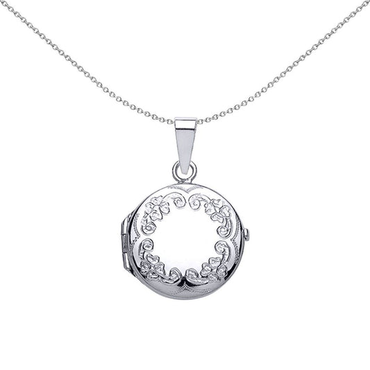 Silver Round Floral Locket Necklace - LK25
