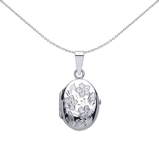 Silver Oval Flowers Locket Necklace - LK26