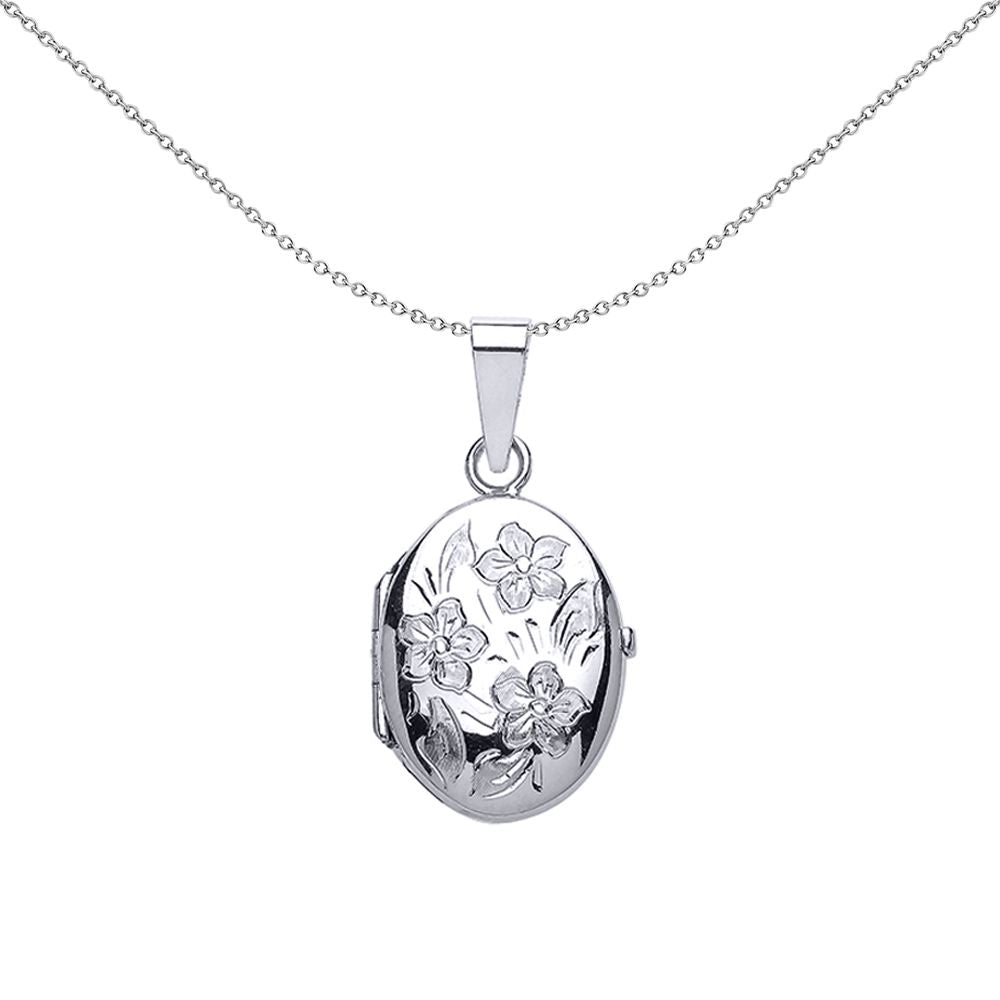 Silver  Oval Flowers Locket Necklace 18 inch - LK26