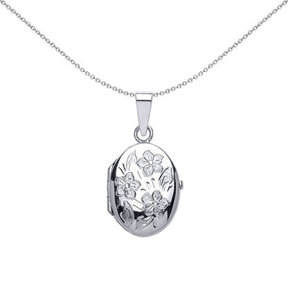 Silver  Oval Flowers Locket Necklace 18 inch - LK26