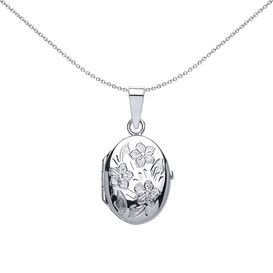 Silver  Oval Flowers Locket Necklace 18 inch - LK26