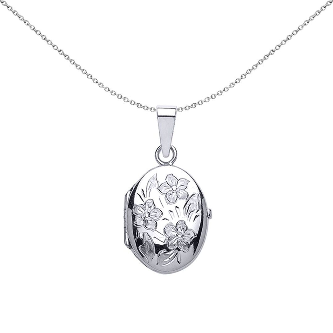 Silver  Oval Flowers Locket Necklace - LK26